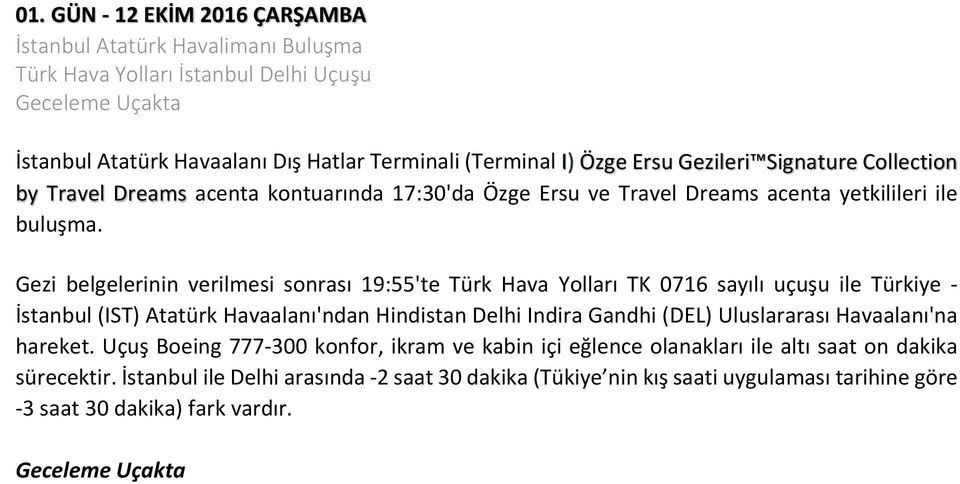 Gezi belgelerinin verilmesi sonrası 19:55'te Türk Hava Yolları TK 0716 sayılı uçuşu ile Türkiye - İstanbul (IST) Atatürk Havaalanı'ndan Hindistan Delhi Indira Gandhi (DEL) Uluslararası