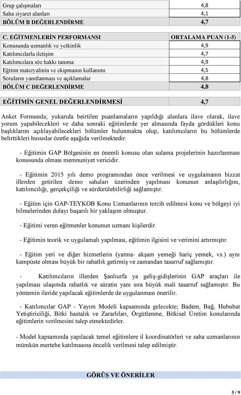 Soruların yanıtlanması ve açıklamalar 4,8 BÖLÜM C DEĞERLENDİRME 4,8 EĞİTİMİN GENEL DEĞERLENDİRMESİ 4,7 Anket Formunda; yukarıda beirtilen puanlamaların yapıldığı alanlara ilave olarak, ilave yorum