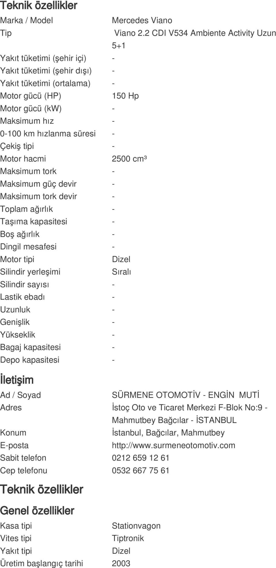 süresi - Çekiş tipi - Motor hacmi 2500 cm³ Maksimum tork - Maksimum güç devir - Maksimum tork devir - Toplam ağırlık - Taşıma kapasitesi - Boş ağırlık - Dingil mesafesi - Motor tipi Dizel Silindir