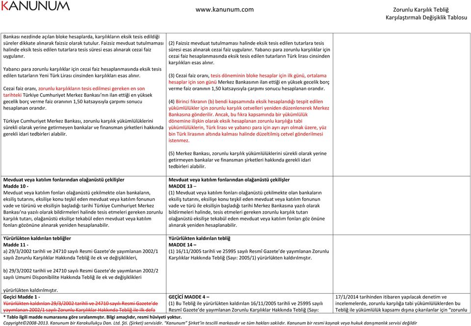 Yabancı para zorunlu karşılıklar için cezai faiz hesaplanmasında eksik tesis edilen tutarların Yeni Türk Lirası cinsinden karşılıkları esas alınır.