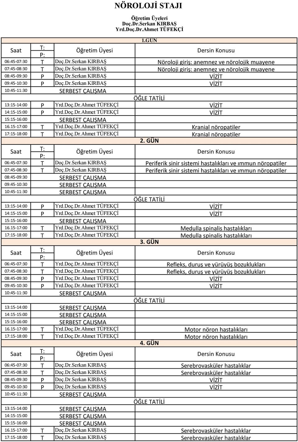 Doç.Dr.hmet ÜFKÇİ 2. GÜN Kranial nöropatiler : : 06:45-07:30 Doç.Dr.Serkan KIRBŞ eriferik sinir sistemi hastalıkları ve ımmun nöropatiler 07:45-08:30 Doç.Dr.Serkan KIRBŞ eriferik sinir sistemi hastalıkları ve ımmun nöropatiler 08:45-09:30 09:45-10:30 10:45-11:30 13:15-14:00 Yrd.