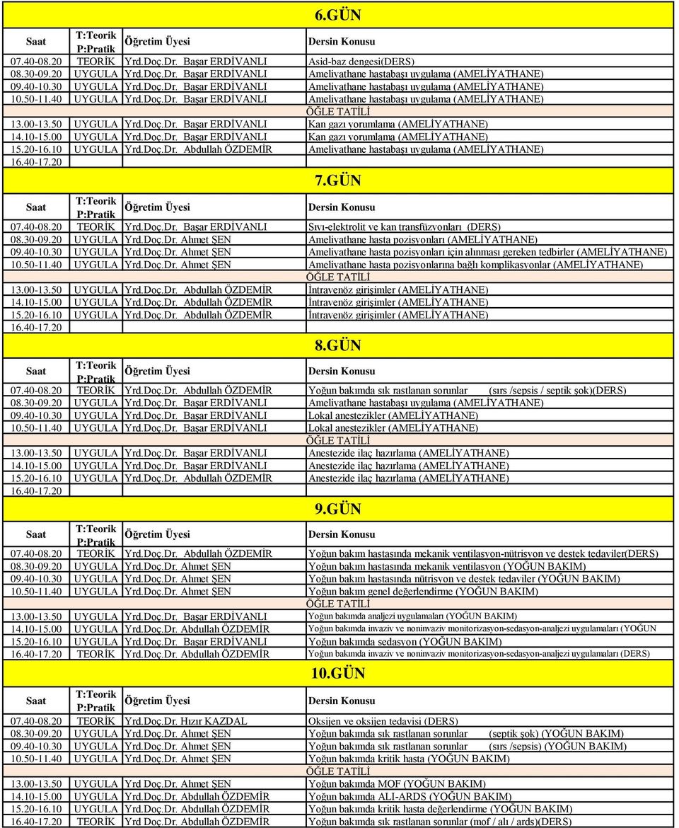 20-16.10 UYGUL Yrd.Doç.Dr. bdullah ÖZDMİR meliyathane hastabaşı uygulama (MLİYHN) 16.40-17.20 7.GÜN 07.40-08.20 ORİK Yrd.Doç.Dr. Başar RDİVNLI Sıvı-elektrolit ve kan transfüzyonları (DRS) 08.30-09.