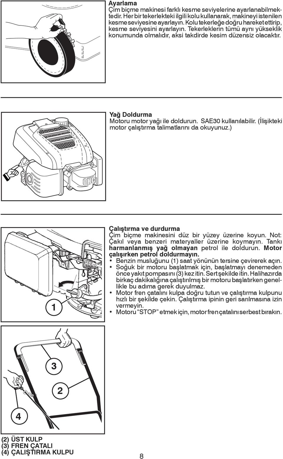 Yağ Doldurma Motoru motor yağı ile doldurun. SAE30 kullanılabilir. (İlişikteki motor çalıştırma talimatlarını da okuyunuz.) 1 Çalıştırma ve durdurma Çim biçme makinesini düz bir yüzey üzerine koyun.