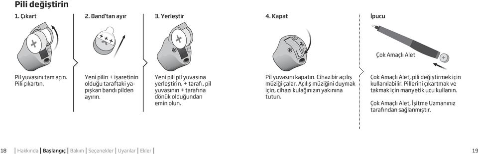 + tarafı, pil yuvasının + tarafına dönük olduğundan emin olun. Pil yuvasını kapatın. Cihaz bir açılış müziği çalar.