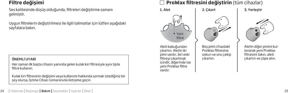 Yeni filtre ÖNEMLI UYARI Her zaman ilk başta cihazın yanında gelen kulak kiri filtresiyle aynı tipte filtre kullanın. Aleti kabuğundan çıkartın.