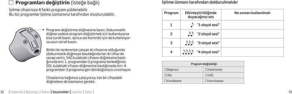 Birbiri ile senkronize çalışan iki cihazınız olduğunda (dokunmatik düğmeye basıldığında her iki cihaz da cevap verir), SAĞ kulaktaki cihazın düğmesine bastığınızda örn: 1. programdan 2.