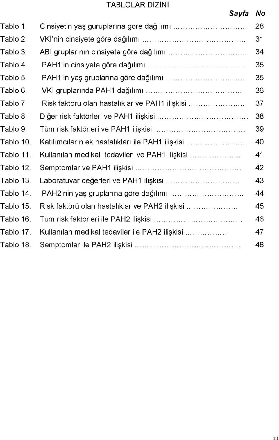 Diğer risk faktörleri ve PAH1 iliģkisi. 38 Tablo 9. Tüm risk faktörleri ve PAH1 iliģkisi. 39 Tablo 10. Katılımcıların ek hastalıkları ile PAH1 iliģkisi 40 Tablo 11.