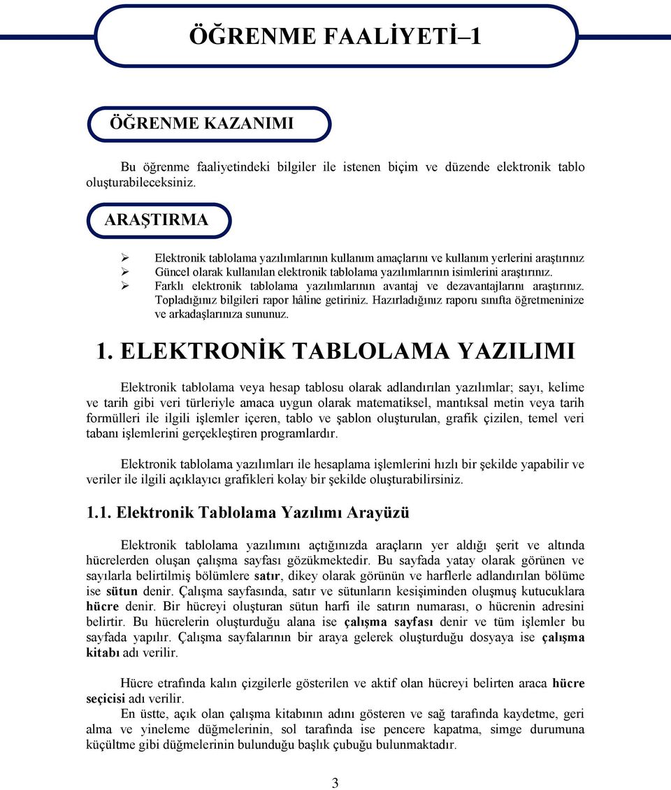 Farklı elektronik tablolama yazılımlarının avantaj ve dezavantajlarını araştırınız. Topladığınız bilgileri rapor hâline getiriniz.