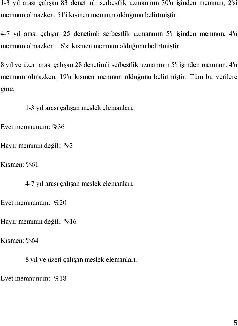 8 yıl ve üzeri arası çalışan 28 denetimli serbestlik uzmanının 5'i işinden memnun, 4'ü memnun olmazken, 19'u kısmen memnun olduğunu belirtmiştir.