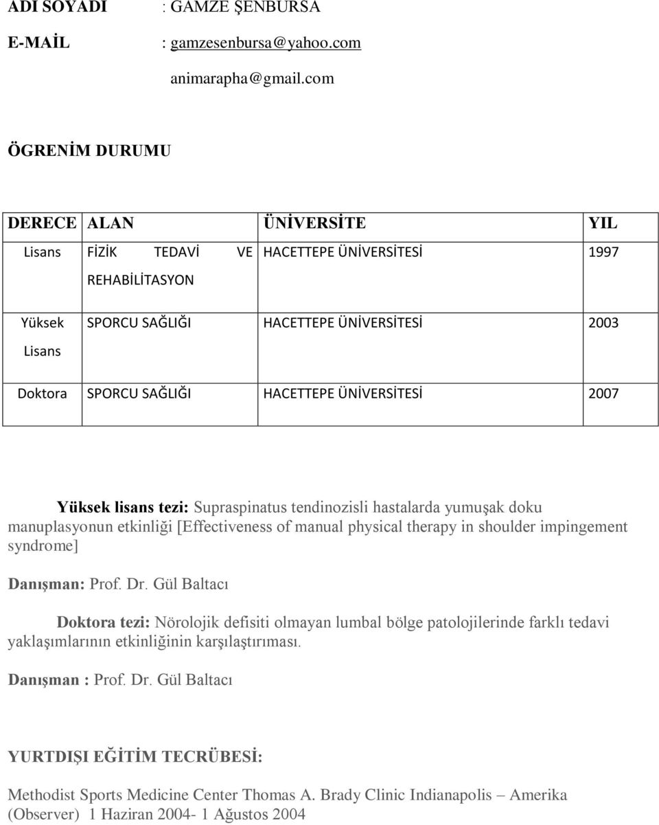 HACETTEPE ÜNİVERSİTESİ 2007 Yüksek lisans tezi: Supraspinatus tendinozisli hastalarda yumuşak doku manuplasyonun etkinliği [Effectiveness of manual physical therapy in shoulder impingement syndrome]