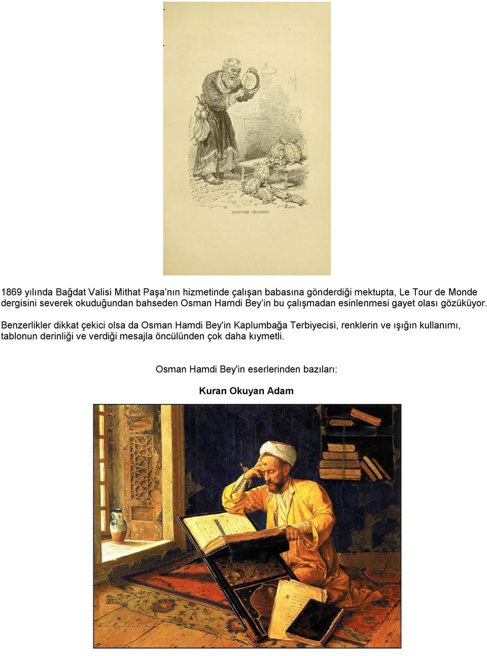 Benzerlikler dikkat çekici olsa da Osman Hamdi Bey'in Kaplumbağa Terbiyecisi, renklerin ve ışığın kullanımı,