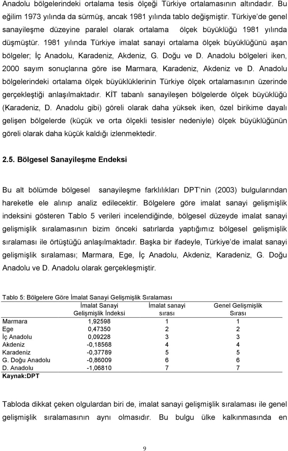 1981 yılında Türkiye imalat sanayi ortalama ölçek büyüklüğünü aşan bölgeler; İç Anadolu, Karadeniz, Akdeniz, G. Doğu ve D.