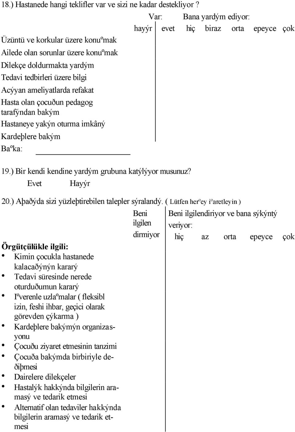 ameliyatlarda refakat Hasta olan çocuðun pedagog tarafýndan bakým Hastaneye yakýn oturma imkâný Kardeþlere bakým Baºka: 19.) Bir kendi kendine yardým grubuna katýlýyor musunuz? Evet Hayýr 20.