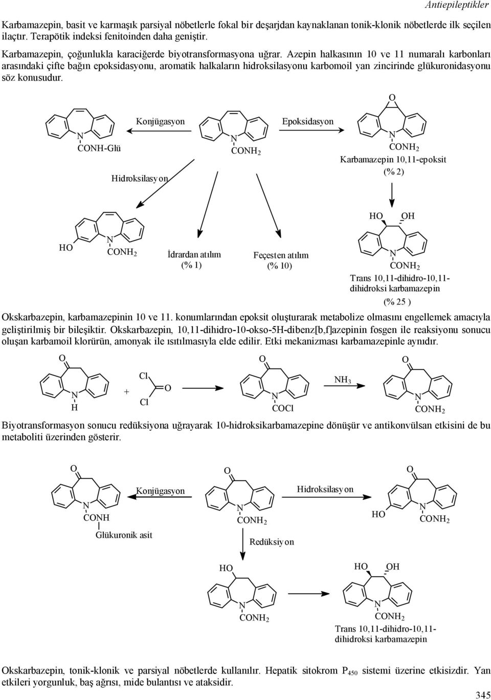 Azepin halkas n 0 ve numaral karbonlar aras ndaki çifte ba n epoksidasyonu, aromatik halkalar n hidroksilasyonu karbomoil yan zincirinde glükuronidasyonu söz konusudur.