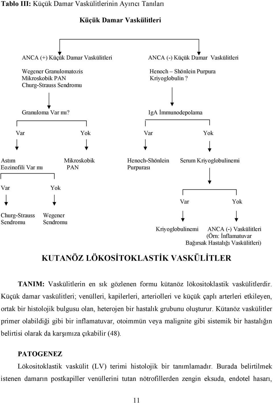 IgA İmmunodepolama Var Yok Var Yok Astım Mikroskobik Henoch-Shönlein Serum Kriyoglobulinemi Eozinofili Var mı PAN Purpurası Var Yok Var Yok Churg-Strauss Sendromu Wegener Sendromu Kriyoglobulinemi