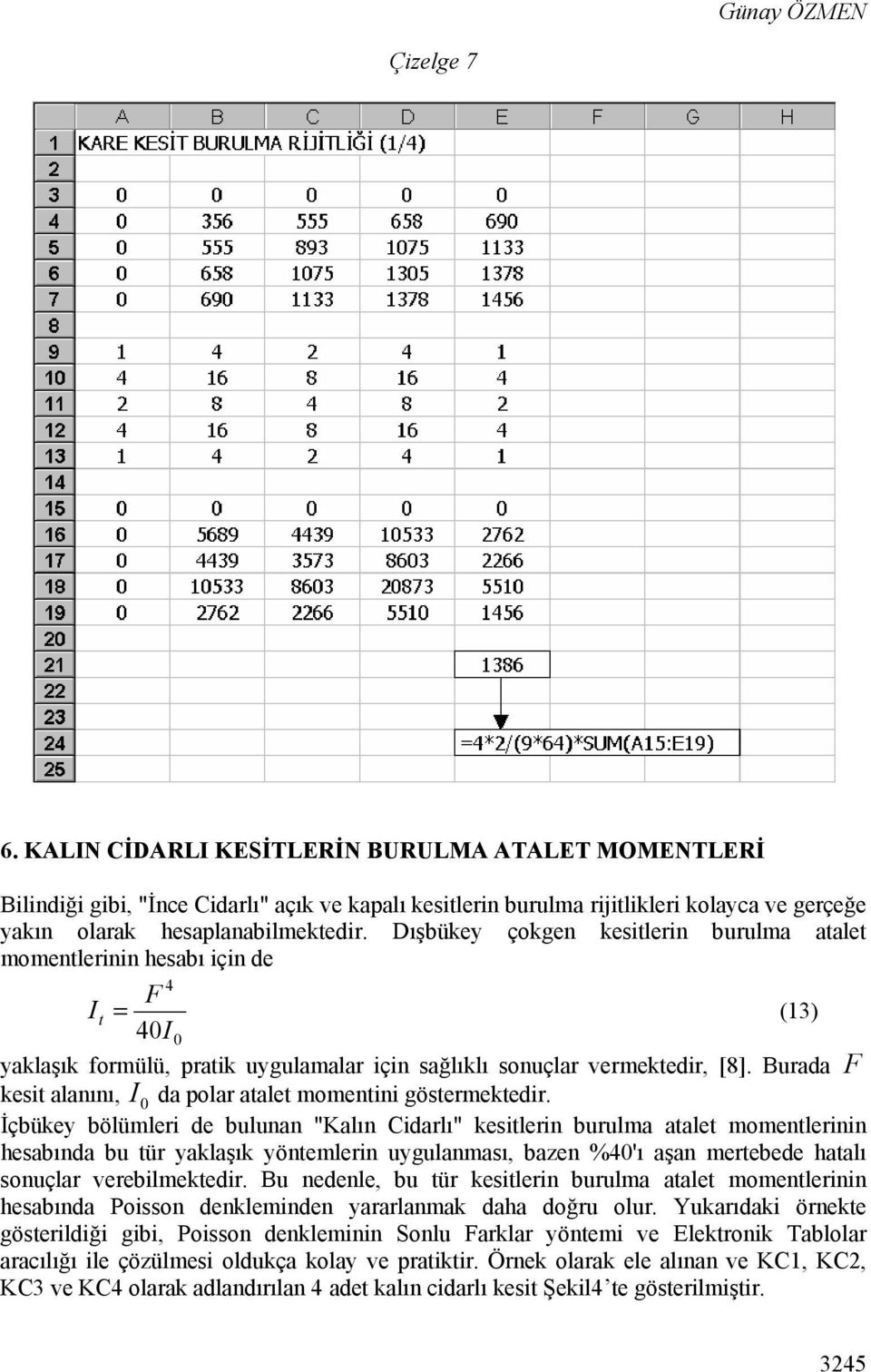 Dışbükey çokgen kesitlerin burulma atalet momentlerinin hesabı için de 4 F I t = (13) 40I0 yaklaşık formülü, pratik uygulamalar için sağlıklı sonuçlar vermektedir, [8].