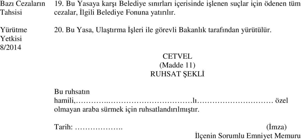 Belediye Fonuna yatırılır. 20. Bu Yasa, Ulaştırma İşleri ile görevli Bakanlık tarafından yürütülür.