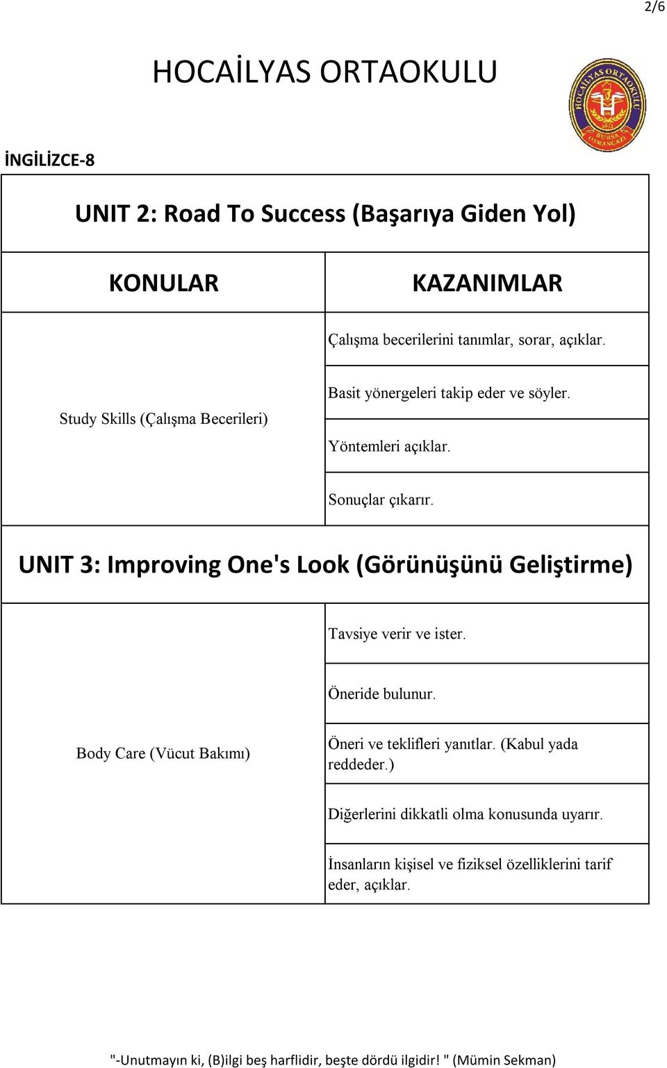 UNIT 3: Improving One's Look (Görünüşünü Geliştirme) Tavsiye verir ve ister. Öneride bulunur.