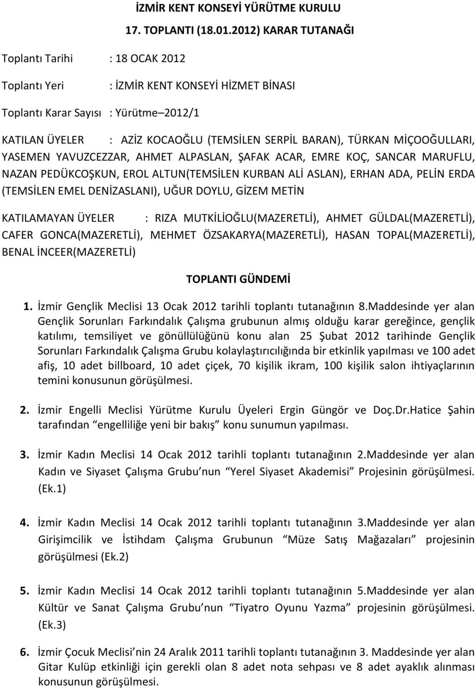 2012) KARAR TUTANAĞI Toplantı Yeri : İZMİR KENT KONSEYİ HİZMET BİNASI Toplantı Karar Sayısı : Yürütme 2012/1 KATILAN ÜYELER : AZİZ KOCAOĞLU (TEMSİLEN SERPİL BARAN), TÜRKAN MİÇOOĞULLARI, YASEMEN