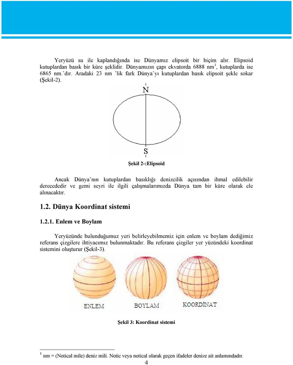 Şekil 2-:Elipsoid Ancak Dünya nın kutuplardan basıklığı denizcilik açısından ihmal edilebilir derecededir ve gemi seyri ile ilgili çalışmalarımızda Dünya tam bir küre olarak ele alınacaktır. 1.2. Dünya Koordinat sistemi 1.