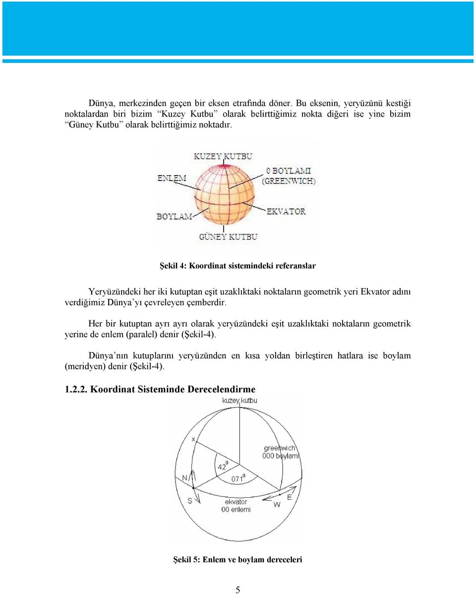 Şekil 4: Koordinat sistemindeki referanslar Yeryüzündeki her iki kutuptan eşit uzaklıktaki noktaların geometrik yeri Ekvator adını verdiğimiz Dünya yı çevreleyen çemberdir.