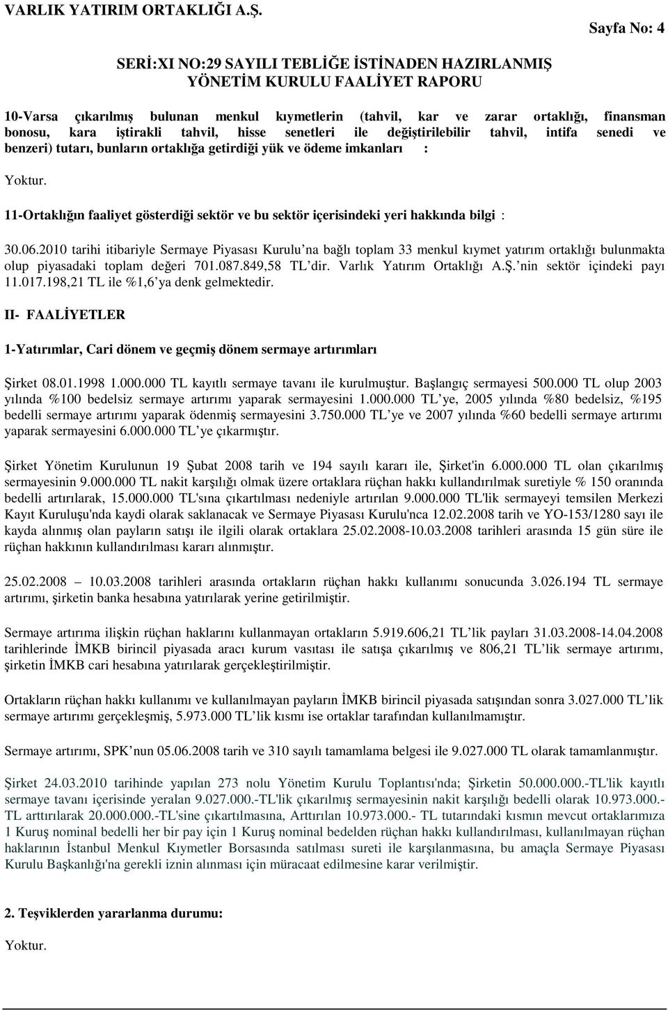 2010 tarihi itibariyle Sermaye Piyasası Kurulu na bağlı toplam 33 menkul kıymet yatırım ortaklığı bulunmakta olup piyasadaki toplam değeri 701.087.849,58 TL dir. Varlık Yatırım Ortaklığı A.Ş.