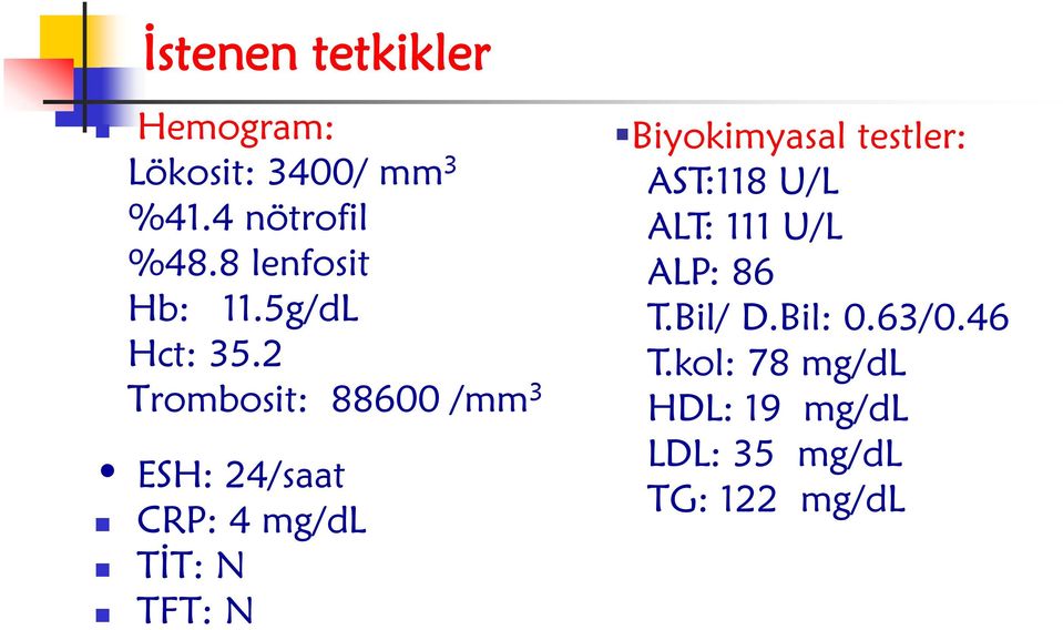 2 Trombosit: 88600 /mm 3 ESH: 24/saat CRP: 4 mg/dl TİT: N TFT: N