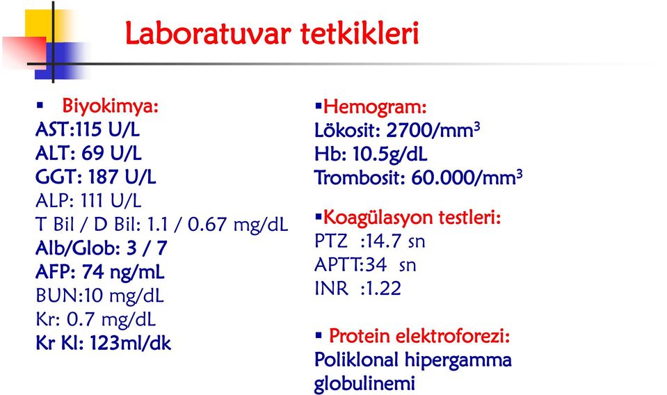 7 mg/dl Kr Kl: 123ml/dk Hemogram: Lökosit: 2700/mm 3 Hb: 10.5g/dL Trombosit: 60.