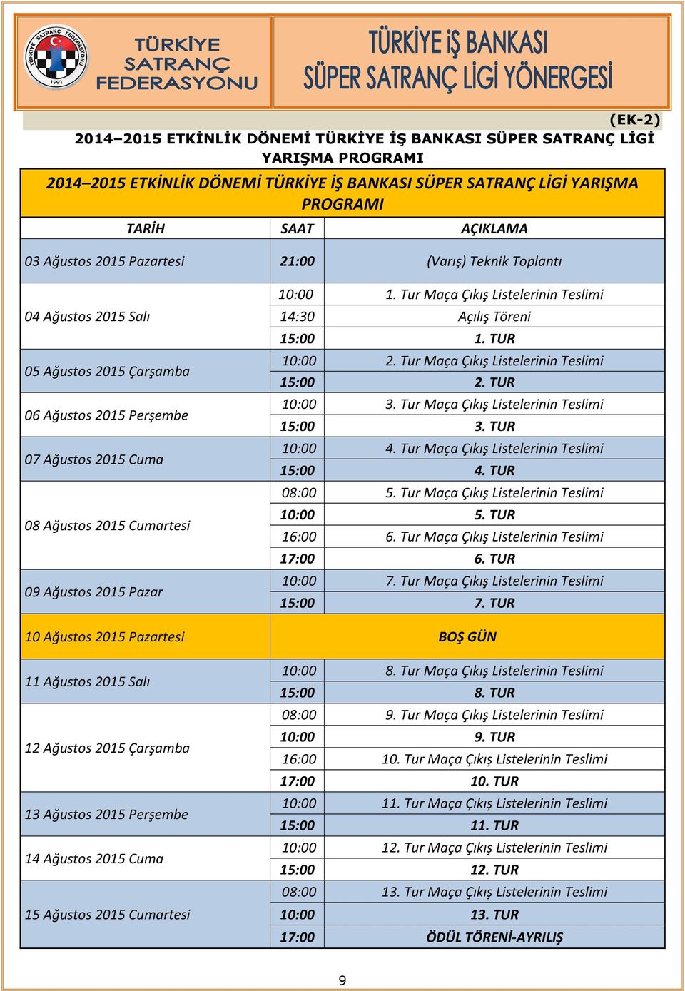 Tur Maça Çıkış Listelerinin Teslimi 14:30 Açılış Töreni 15:00 1. TUR 10:00 2. Tur Maça Çıkış Listelerinin Teslimi 15:00 2. TUR 10:00 3. Tur Maça Çıkış Listelerinin Teslimi 15:00 3. TUR 10:00 4.