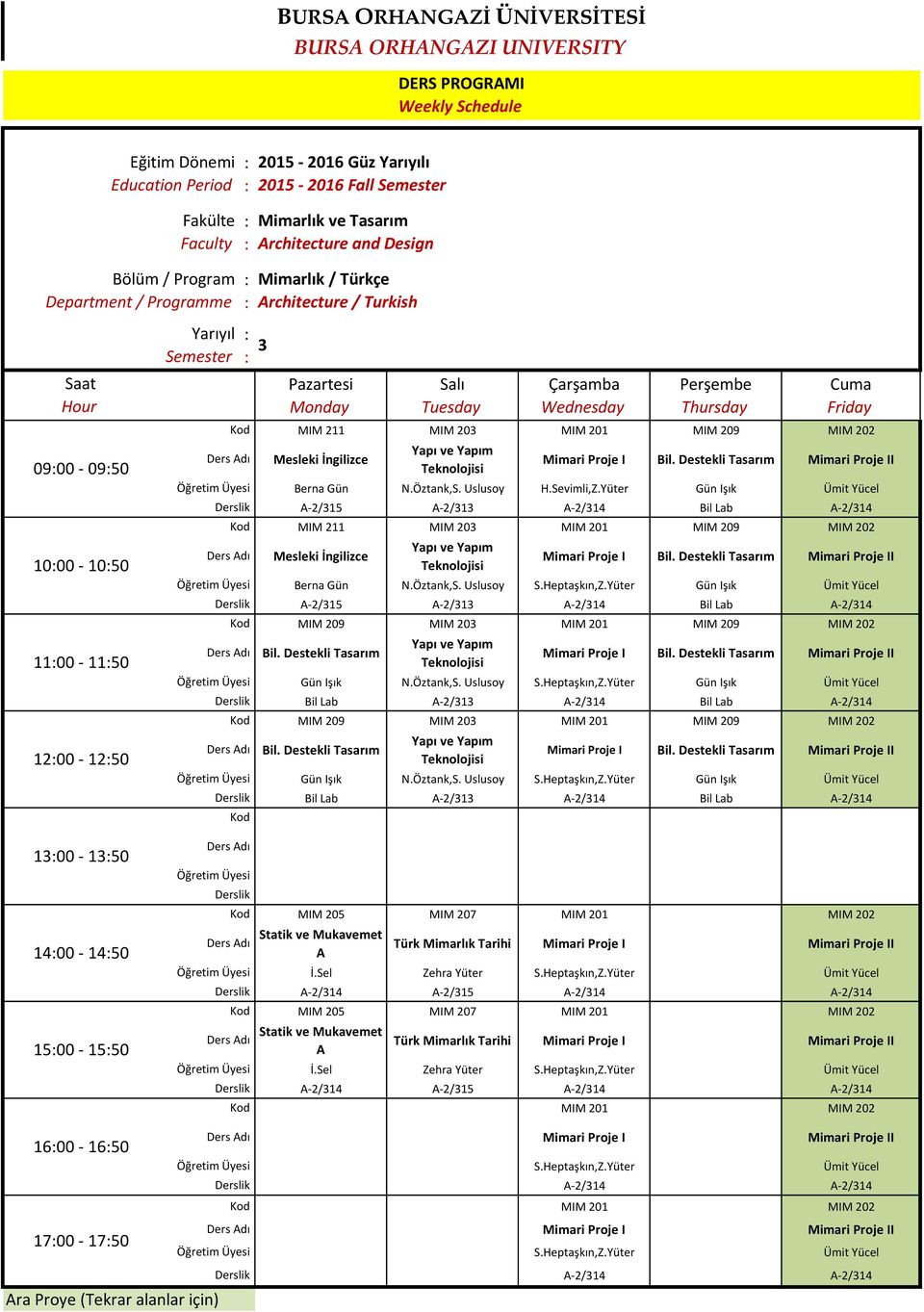 Yüter Gün Işık Ümit Yücel A-2/315 A-2/313 Bil Lab MIM 209 MIM 203 MIM 201 MIM 209 MIM 202 Bil. Destekli Tasarım Gün Işık N.Öztank,S. Uslusoy S.Heptaşkın,Z.