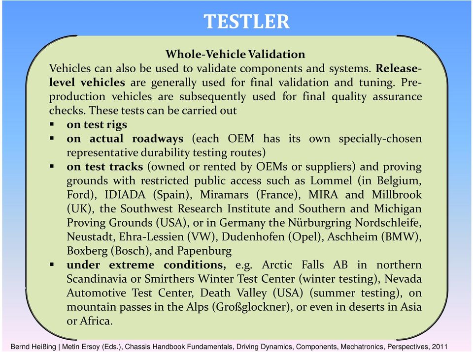 These tests can be carried out on test rigs on actual roadways (each OEM has its own specially-chosen representative durability testing routes) on test tracks (owned or rented by OEMs or suppliers)