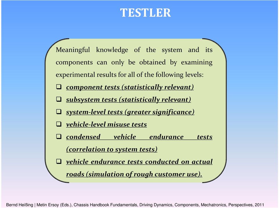 vehicle-level misuse tests condensed vehicle endurance tests (correlation to system tests) vehicle endurance tests conducted on actual