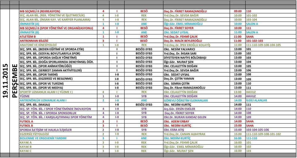 EMEL MİMAROĞLU 10:00 SALON A MB SEÇMELİ II (SPOR YÖNETİMİ VE ORGANİZASYONU) 4 I BESÖ Doç.Dr. FİKRET SOYER 10:00 111 JİMNASTİK (B) 1 I-II ANE Okt. SEDAT UYSAL 11:00 SALON A ATLETİZM B 1 I BESÖ Yrd.Doç.Dr. FEHMİ ÇALIK 11:00 SAHA ANTRENMAN BİLGİSİ 3 I BESÖ Doç.