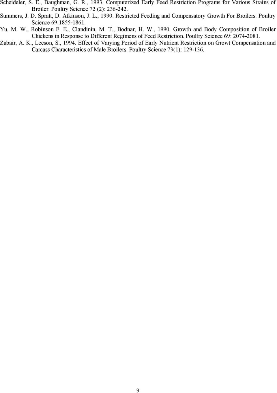 , Bodnar, H. W., 1990. Growth and Body Composition of Broiler Chickens in Response to Different Regimens of Feed Restriction. Poultry Science 69: 2074-2081. Zubair, A. K.