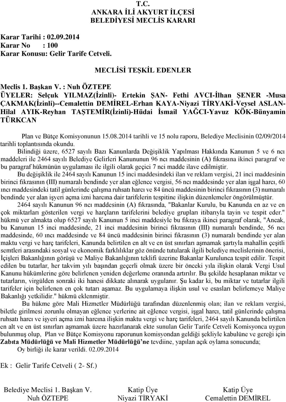 2014 tarihli ve 15 nolu raporu, Belediye Meclisinin 02/09/2014 tarihli toplantısında okundu.