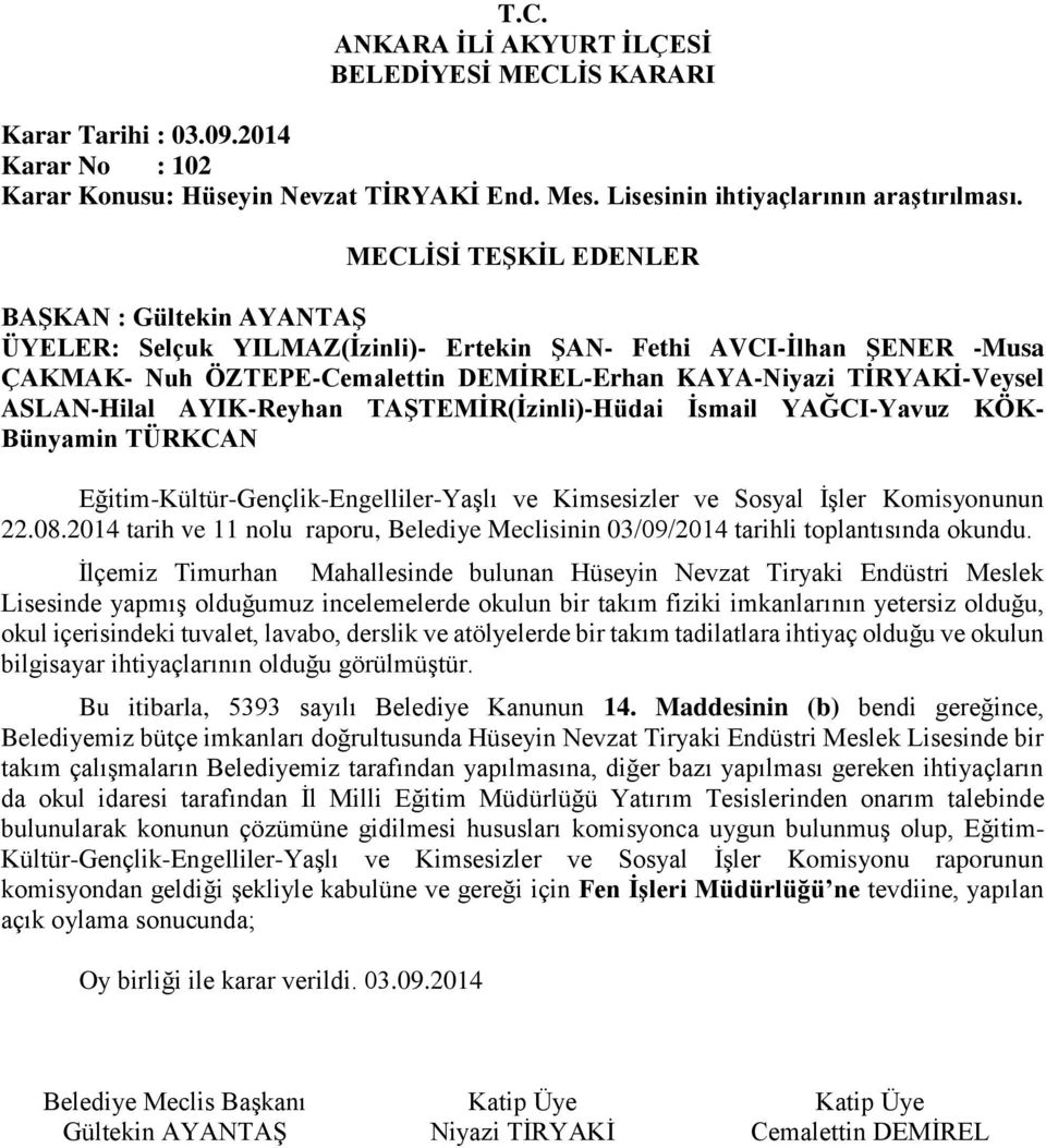 Eğitim-Kültür-Gençlik-Engelliler-Yaşlı ve Kimsesizler ve Sosyal İşler Komisyonunun 22.08.2014 tarih ve 11 nolu raporu, Belediye Meclisinin 03/09/2014 tarihli toplantısında okundu.