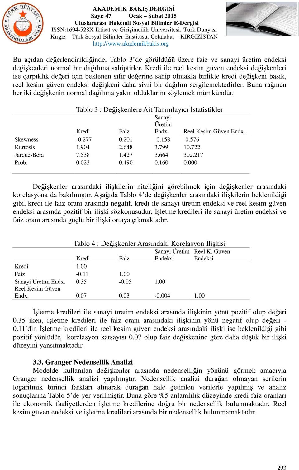 dağılım sergilemektedirler. Buna rağmen her iki değişkenin normal dağılıma yakın olduklarını söylemek mümkündür. Tablo 3 : Değişkenlere Ait Tanımlayıcı Đstatistikler Kredi Faiz Sanayi Üretim Endx.