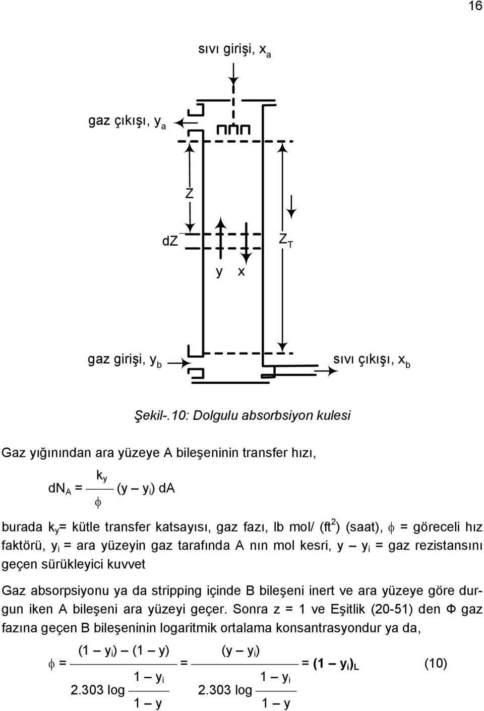(saat), = göreceli hız faktörü, y i = ara yüzeyin gaz tarafında A nın mol kesri, y y i = gaz rezistansını geçen sürükleyici kuvvet Gaz absorpsiyonu ya da stripping içinde B