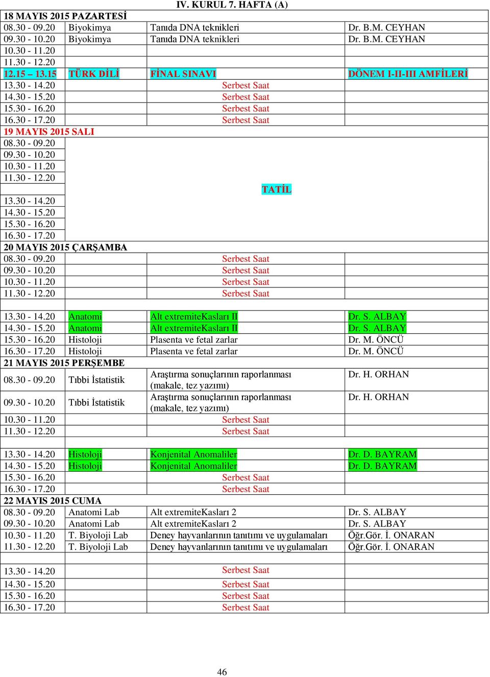 30-10.20 Serbest Saat 13.30-14.20 Anatomi Alt extremitekasları II Dr. S. ALBAY 14.30-15.20 Anatomi Alt extremitekasları II Dr. S. ALBAY 15.30-16.20 Histoloji Plasenta ve fetal zarlar Dr. M. ÖNCÜ 16.