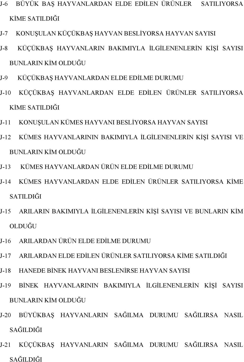 HAYVANLARININ BAKIMIYLA İLGİLENENLERİN KİŞİ SAYISI VE BUNLARIN KİM OLDUĞU J-13 KÜMES HAYVANLARDAN ÜRÜN ELDE EDİLME DURUMU J-14 KÜMES HAYVANLARDAN ELDE EDİLEN ÜRÜNLER SATILIYORSA KİME SATILDIĞI J-15