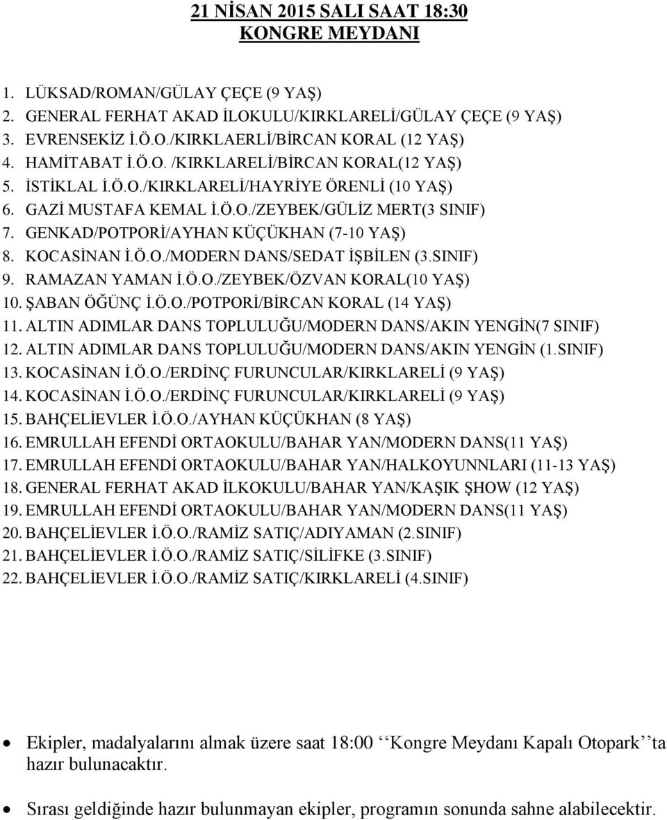 SINIF) 9. RAMAZAN YAMAN İ.Ö.O./ZEYBEK/ÖZVAN KORAL(10 YAŞ) 10. ŞABAN ÖĞÜNÇ İ.Ö.O./POTPORİ/BİRCAN KORAL (14 YAŞ) 11. ALTIN ADIMLAR DANS TOPLULUĞU/MODERN DANS/AKIN YENGİN(7 SINIF) 12.