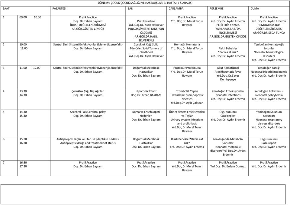 00 Santral Sinir Sistemi Enfeksiyonlar (Menenjit,ensefalit) Doç. Dr. Erhan Doğumsal Metabolik Hastalıklar Doç. Dr. Erhan ProteinüriProteinuria Akut Romatizmal AteşRheumatic fever Yrd.Doç. Dr.Savaş Demirpençe Yenidoğan Sarılığı Neonatal Hiperbilirubinemia Çocukluk Çağı Baş Ağrıları Doç.