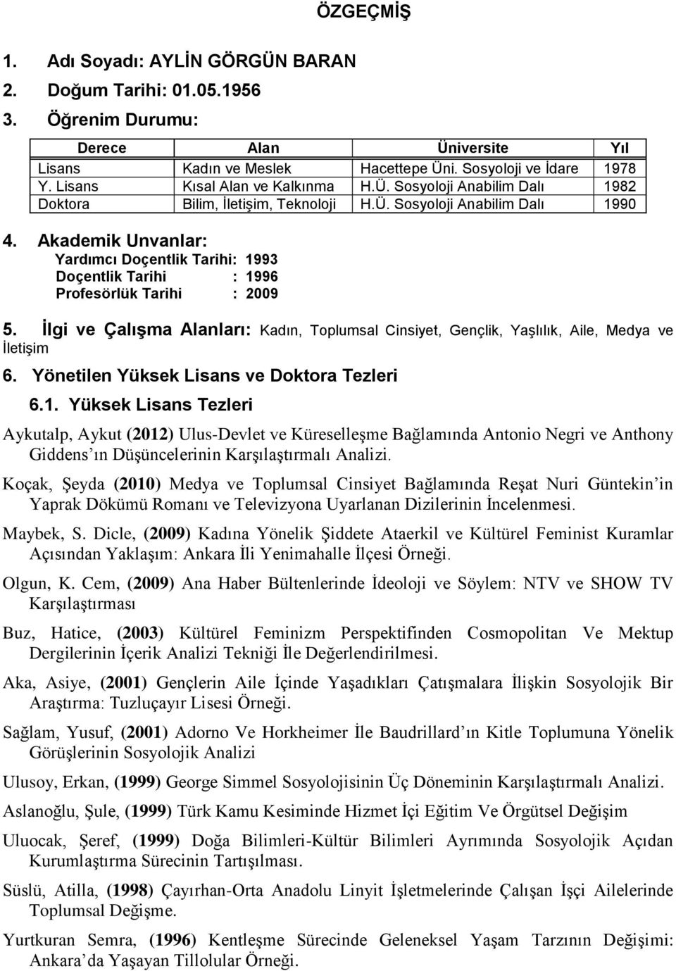 Akademik Unvanlar: Yardımcı Doçentlik Tarihi: 1993 Doçentlik Tarihi : 1996 Profesörlük Tarihi : 2009 5.