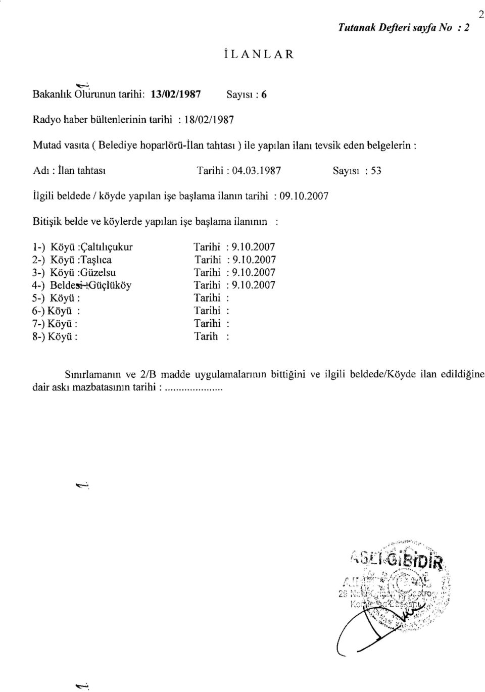 2007 Bitişik belde ve köylerde yapılan işe başlama ilanının : 1-) Köyü :Çaltılıçukur Tarihi : 9.10.2007 2-) Köyü :Taşlıca Tarihi : 9.10.2007 3-) Köyü :Güzelsu Tarihi : 9.10.2007 4-) BeldesHGüçlüköy Tarihi : 9.