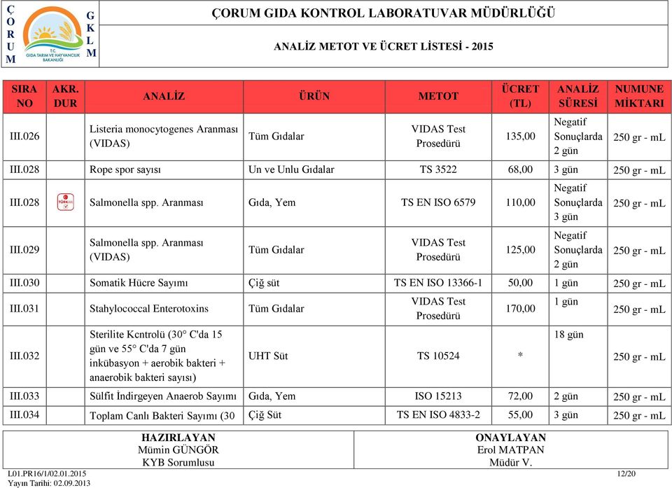 Aranması (VIDAS) Tüm ıdalar VIDAS Test 125,00 3 gün 2 gün III.030 Somatik Hücre Sayımı Çiğ süt TS EN IS 13366-1 50,00 III.031 Stahylococcal Enterotoxins Tüm ıdalar III.