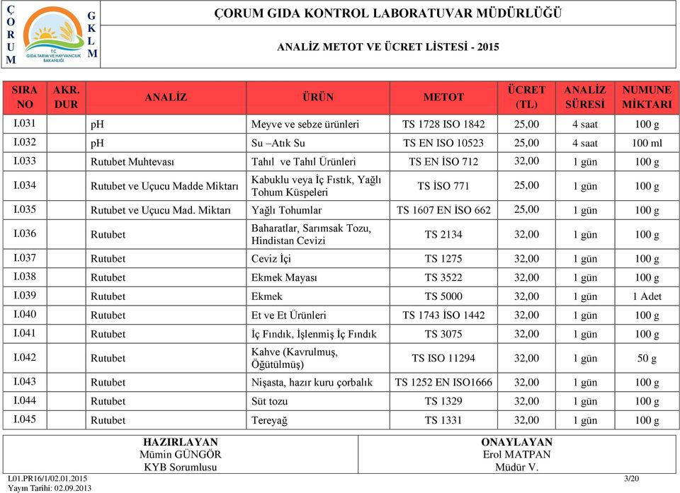 034 utubet ve çucu adde iktarı abuklu veya İç Fıstık, Yağlı Tohum üspeleri TS İS 771 25,00 100 g I.035 utubet ve çucu ad. iktarı Yağlı Tohumlar TS 1607 EN İS 662 25,00 100 g I.