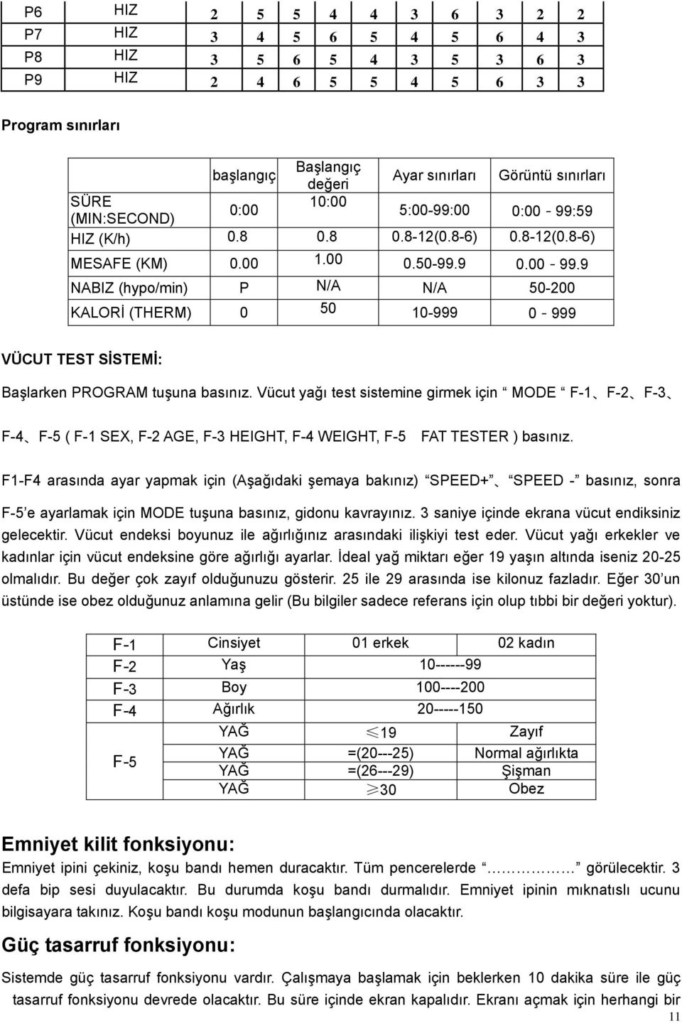 Vücut yağı test sistemine girmek için MODE F-1 F-2 F-3 F-4 F-5 ( F-1 SEX, F-2 AGE, F-3 HEIGHT, F-4 WEIGHT, F-5 FAT TESTER ) basınız.