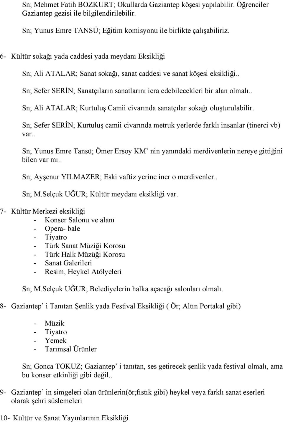 . Sn; Sefer SERİN; Sanatçıların sanatlarını icra edebilecekleri bir alan olmalı.. Sn; Ali ATALAR; Kurtuluş Camii civarında sanatçılar sokağı oluşturulabilir.