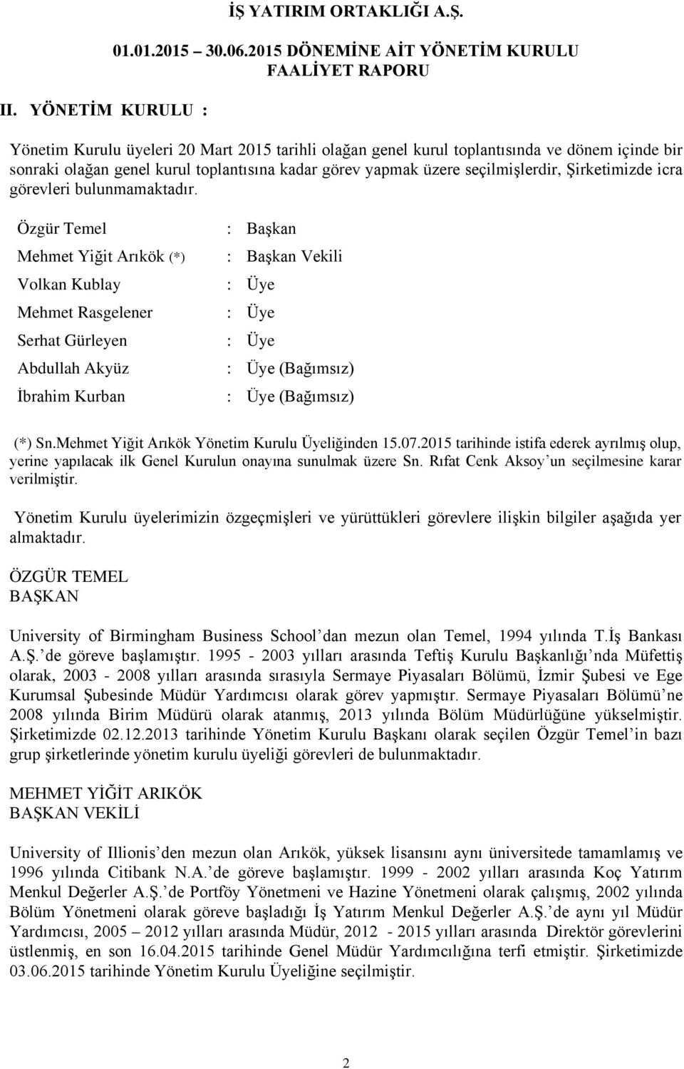 Yönetim Kurulu üyeleri 20 Mart 2015 tarihli olağan genel kurul toplantısında ve dönem içinde bir sonraki olağan genel kurul toplantısına kadar görev yapmak üzere seçilmişlerdir, Şirketimizde icra