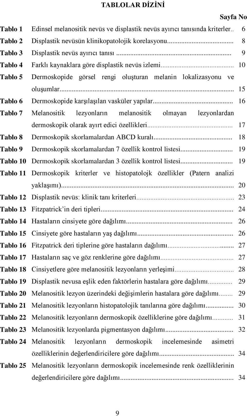 .. 15 Tablo 6 Dermoskopide karşılaşılan vasküler yapılar... 16 Tablo 7 Melanositik lezyonların melanositik olmayan lezyonlardan dermoskopik olarak ayırt edici özellikleri.